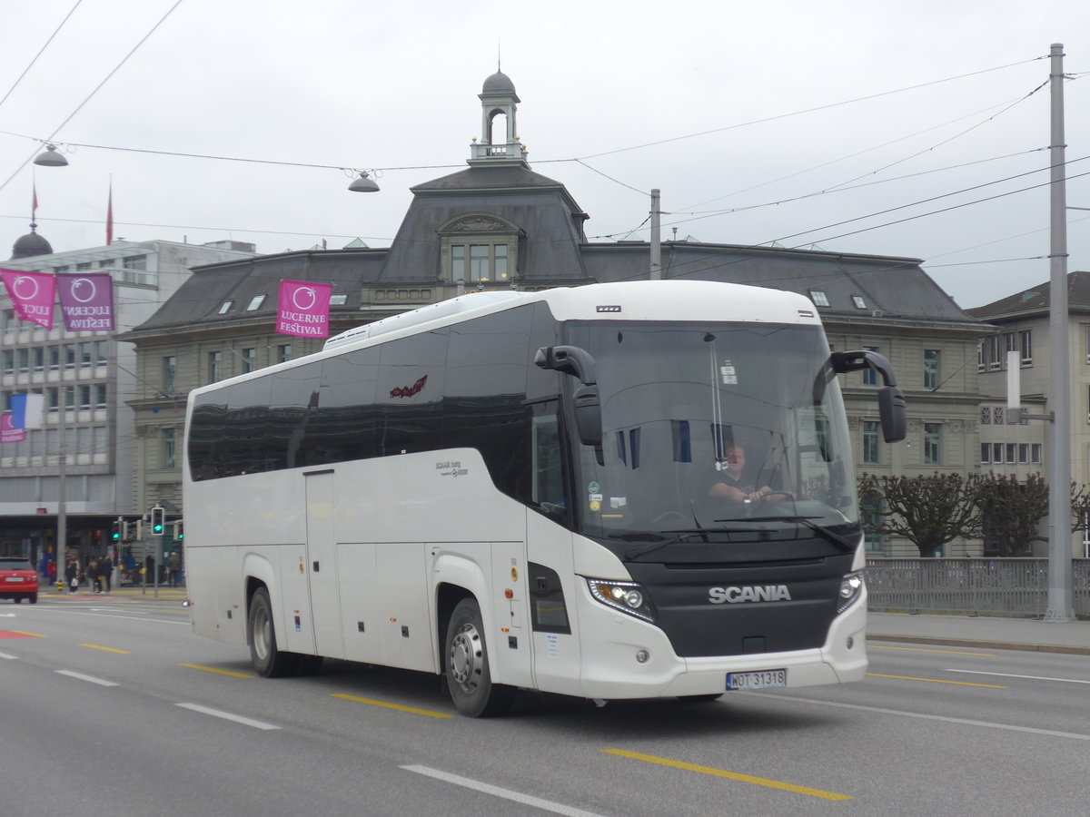 (189'383) - Aus Polen: ??? - WOT 31'318 - Scania/Higer am 17. Mrz 2018 in Luzern, Bahnhofbrcke