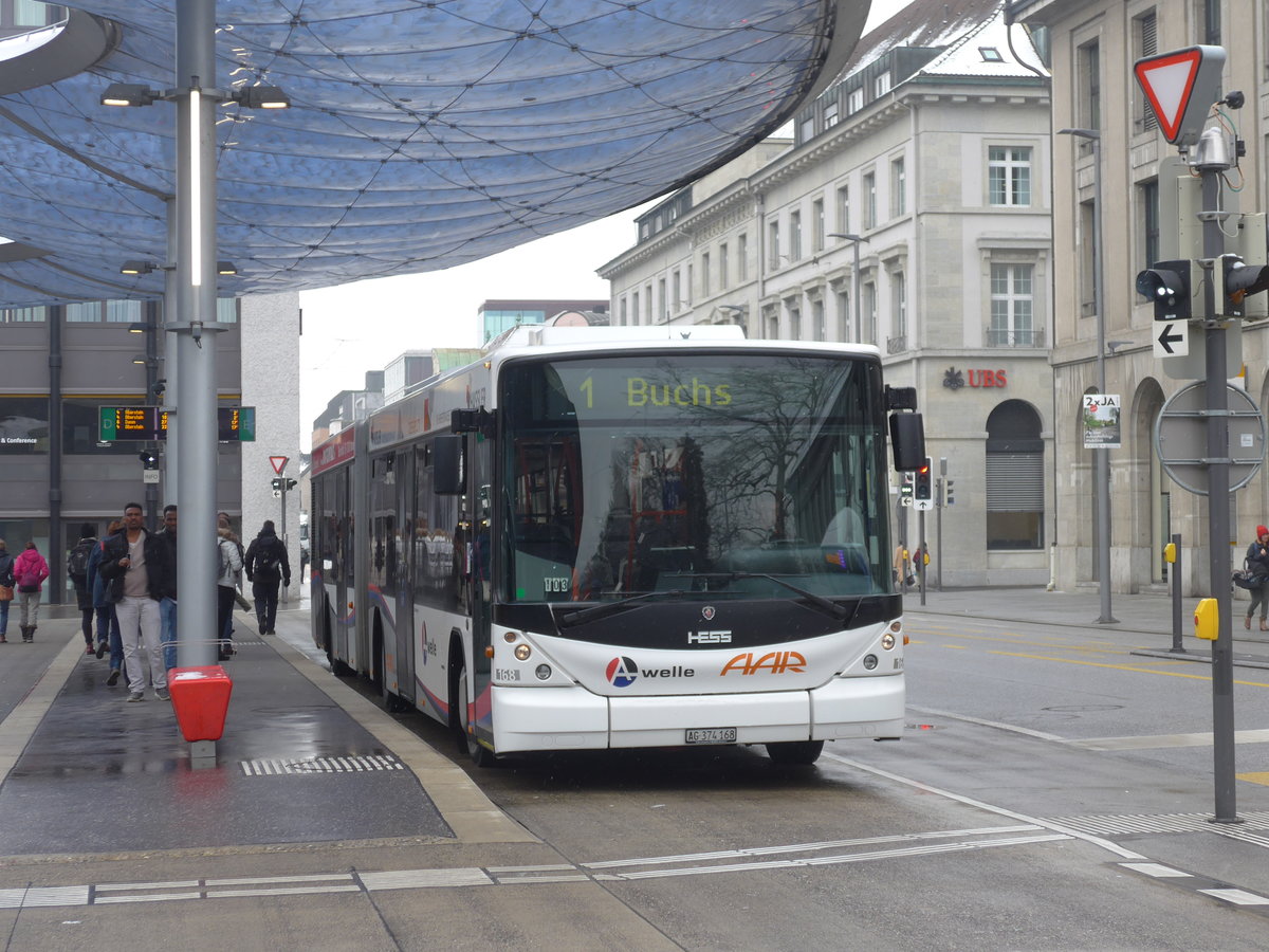 (189'464) - AAR bus+bahn, Aarau - Nr. 168/AG 374'168 - Scania/Hess am 19. M�rz 2018 beim Bahnhof Aarau