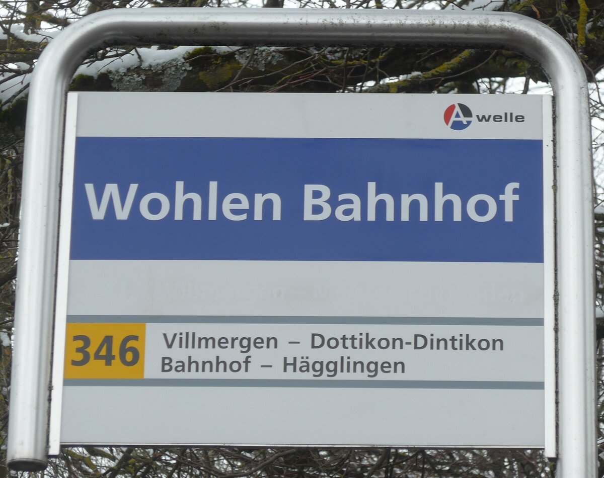 (189'494) - A-welle/PostAuto-Haltestellenschild - Wohlen, Bahnhof - am 19. M�rz 2018