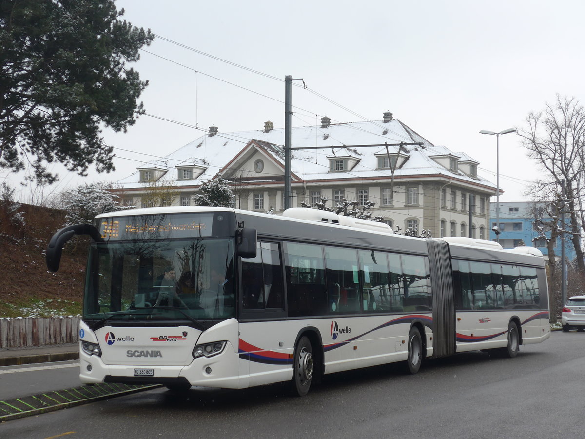 (189'503) - Limmat Bus, Dietikon - AG 380'805 - Scania am 19. M�rz 2018 beim Bahnhof Wohlen