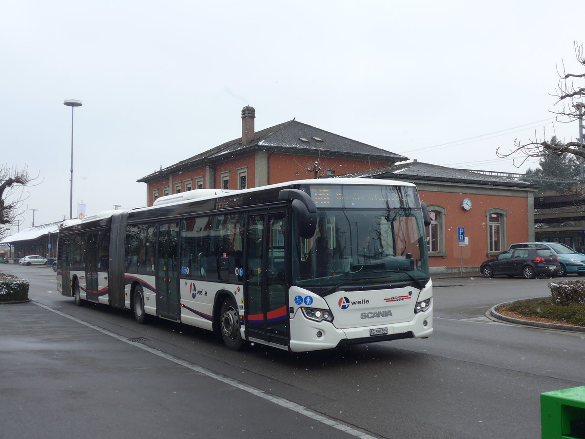 (189'516) - Limmat Bus, Dietikon - AG 380'805 - Scania am 19. M�rz 2018 beim Bahnhof Wohlen