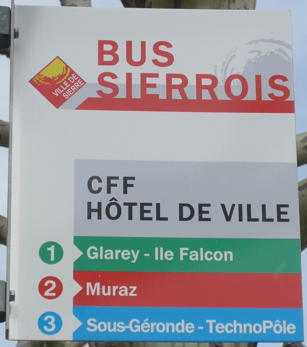 (189'722) - BUS SIERROIS-Haltestellenschild - Sierre, CFF H�tel de Ville - am 30. M�rz 2018