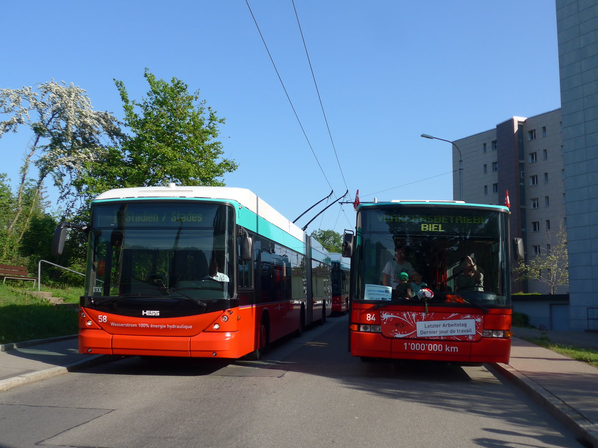 (192'920) - VB Biel - Nr. 58 - Hess/Hess + Nr. 84 - NAW/Hess Gelenktrolleybusse am 6. Mai 2018 in Biel, Vorh�lzli