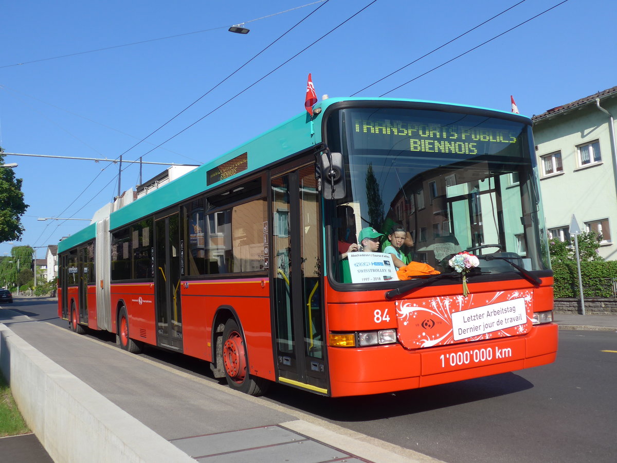 (192'922) - VB Biel - Nr. 84 - NAW/Hess Gelenktrolleybus am 6. Mai 2018 in Biel, B�ttenbergstrasse