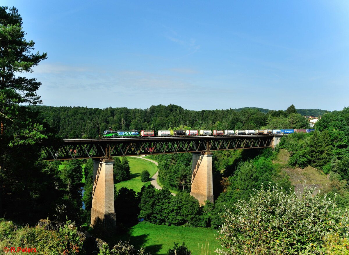 193 213  green Deal  überquert das Viadukt bei Beratzhausen mit einem KLV-Zug. 21.08.21