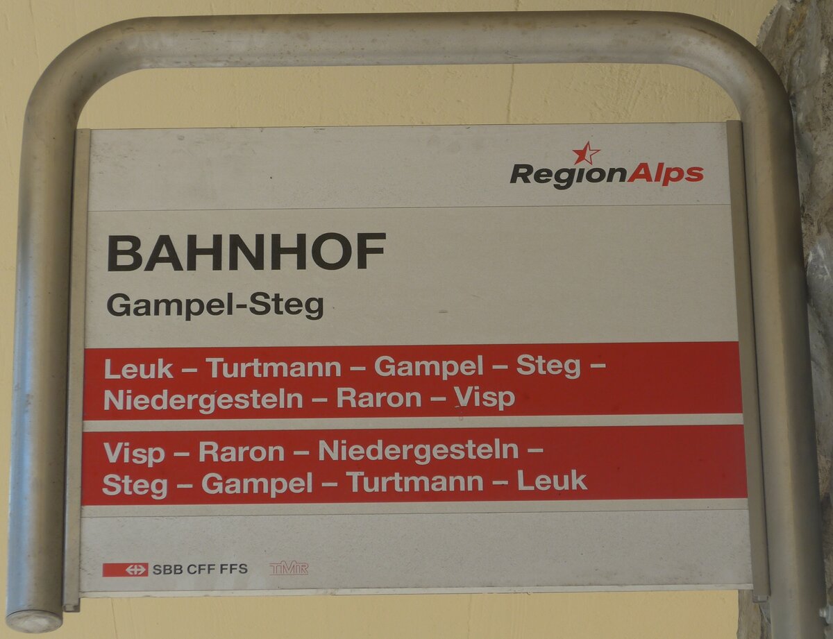 (196'061) - RegionAlps/SBB CFF FFS/TMR-Haltestellenschild - Gampel-Steg, Bahnhof - am 19. August 2018