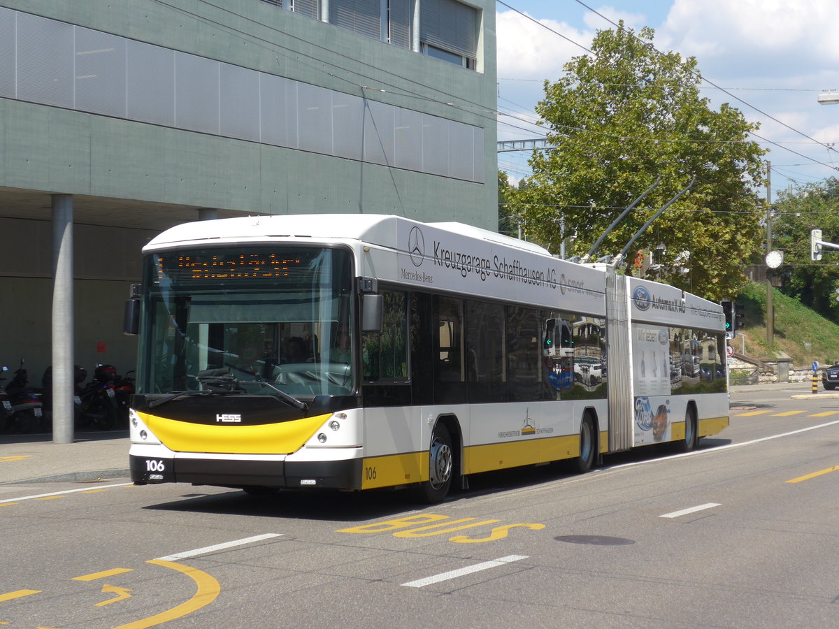 (196'131) - VBSH Schaffhausen - Nr. 106 - Hess/Hess Gelenktrolleybus am 20. August 2018 beim Bahnhof Schaffhausen