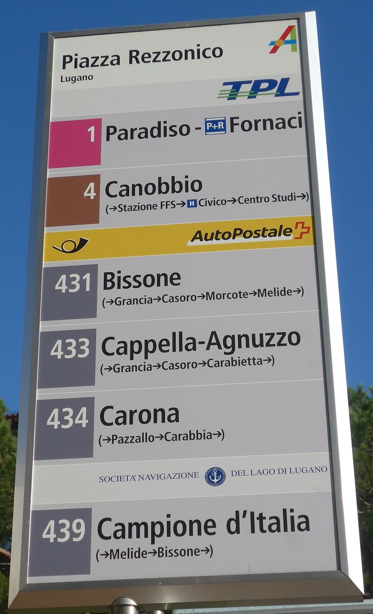 (199'723) - TPL/PostAuto/SOCIEAT� MAVIGAZIONE DEL LAGO DI LUGANO-Haltestellenschild - am 7. Dezember 2018
































 