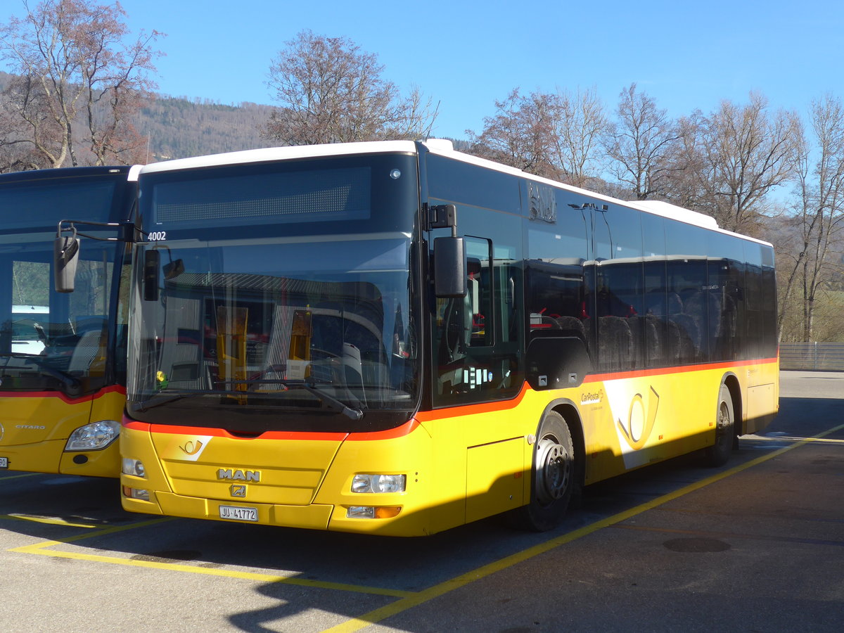 (201'594) - CarPostal Ouest - JU 41'772 - MAN/G�ppel (ex R�mocar, Mervelier; ex CJ Tramelan Nr. 203) am 16. Februar 2019 in Develier, Parkplatz