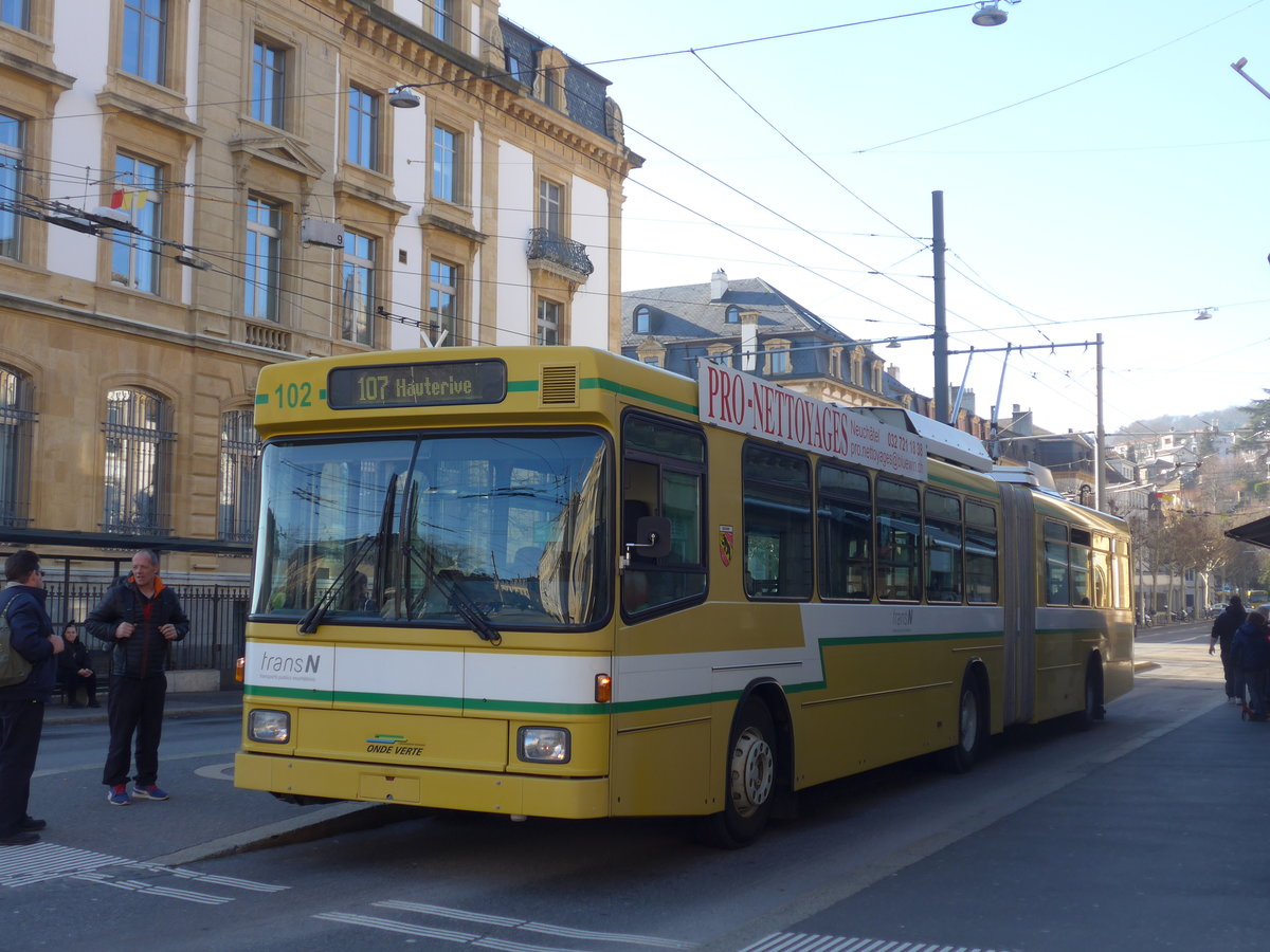(201'645) - transN, La Chaux-de-Fonds - Nr. 102 - NAW/Hess Gelenktrolleybus (ex TN Neuch�tel Nr. 102) am 16. Februar 2019 in Neuch�tel, Place Pury