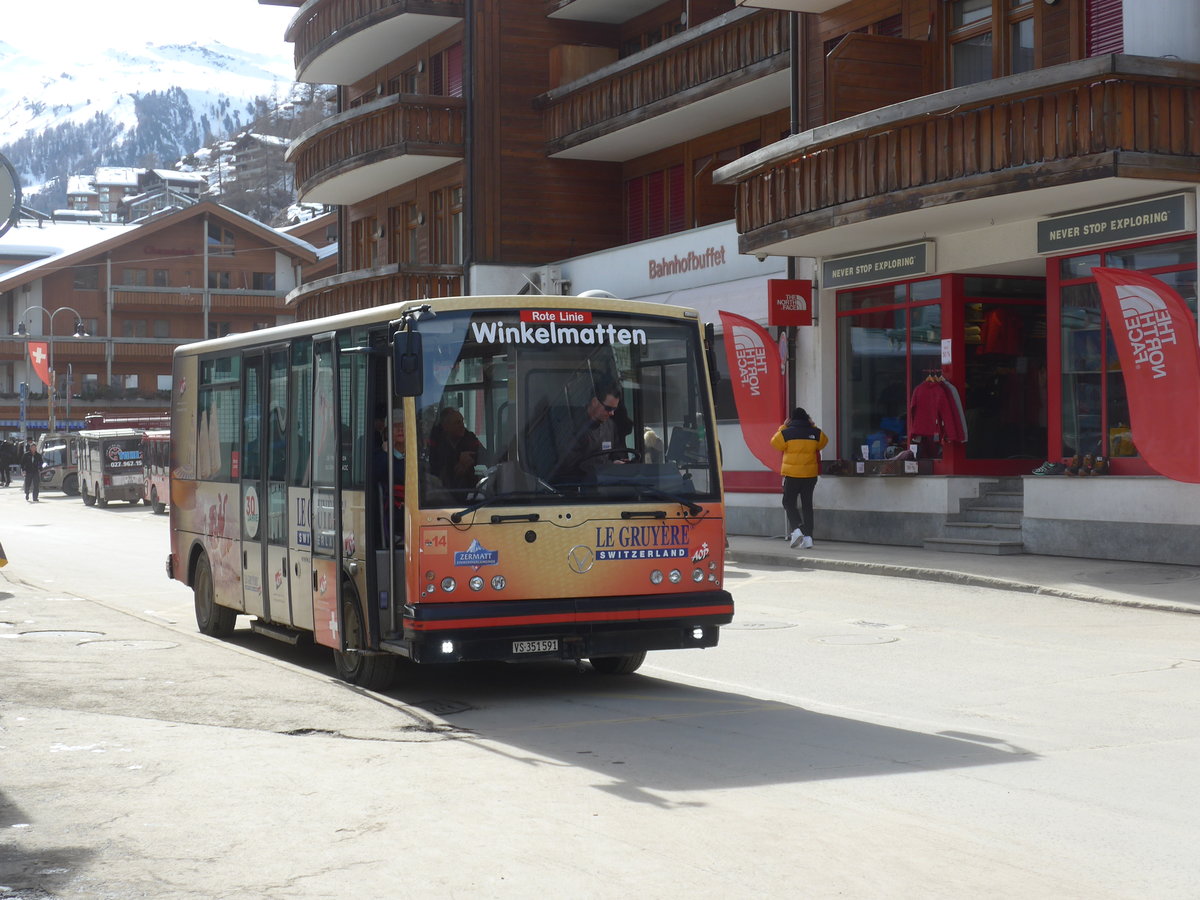(201'869) - OBZ Zermatt - Nr. 14/VS 351'591 - Vetter am 3. Mrz 2019 beim Bahnhof Zermatt