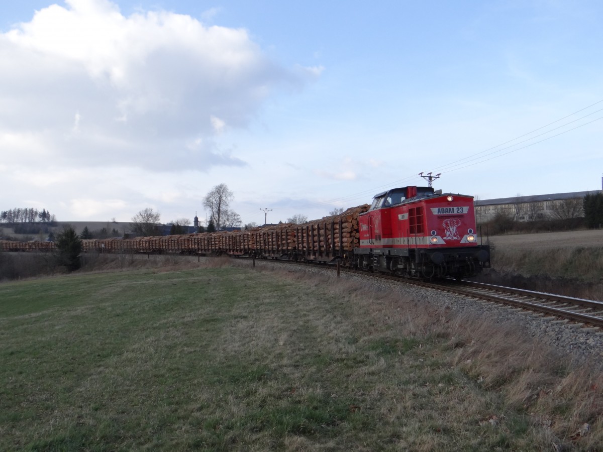 202 597-1, 202 738-1 und Schublok 202 240-8 waren am 24.03.14 mit einem Holzzug von Saalfeld nach Friesau unterwegs. Hier zusehen in Oberlemnitz. 