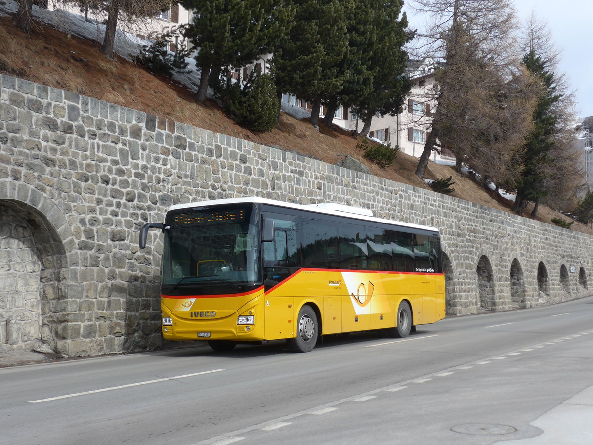 (202'067) - PostAuto Graub�nden - GR 102'328 - Iveco am 10. M�rz 2019 beim Bahnhof St. Moritz