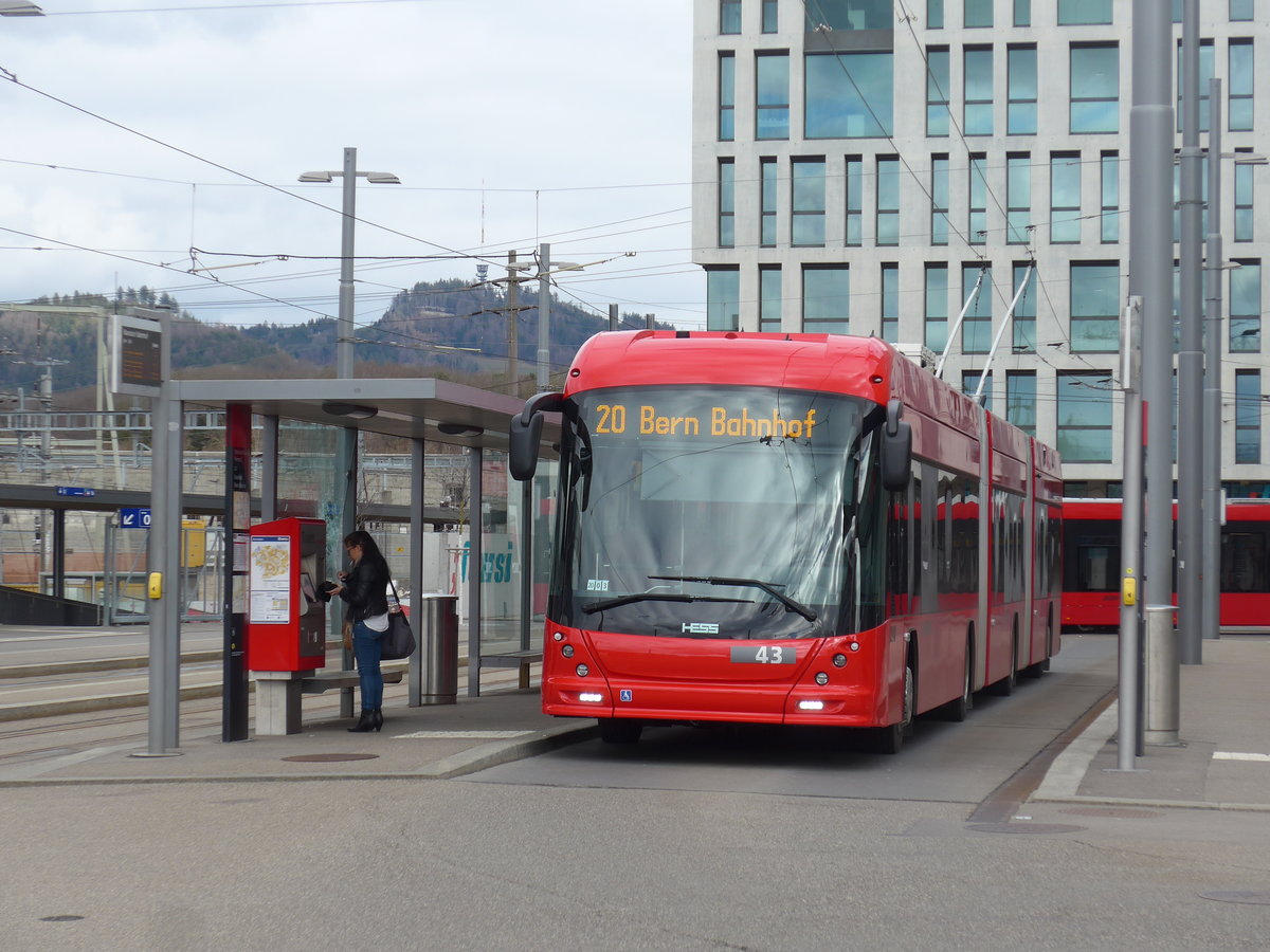 (202'509) - Bernmobil, Bern - Nr. 43 - Hess/Hess Doppelgelenktrolleybus am 18. M�rz 2019 in Bern, Wankdorf