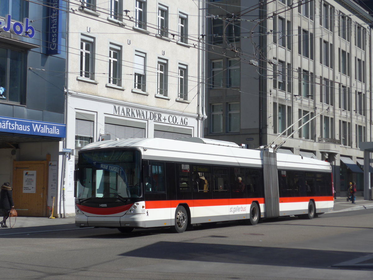 (202'745) - St. Gallerbus, St. Gallen - Nr. 181 - Hess/Hess Gelenktrolleybus am 21. M�rz 2019 beim Bahnhof St. Gallen
