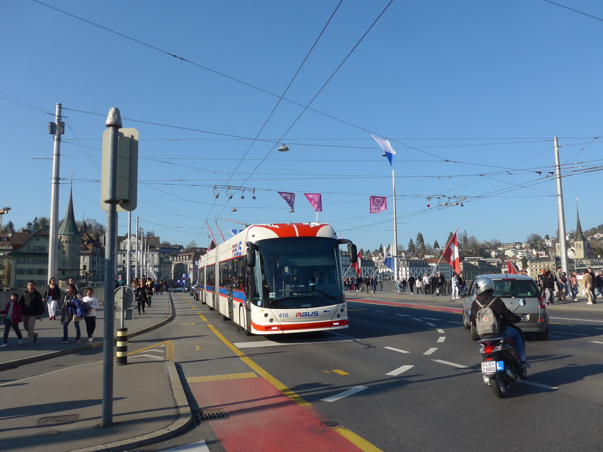 (203'397) - VBL Luzern - Nr. 416 - Hess/Hess Doppelgelenktrolleybus am 30. Mrz 2019 in Luzern, Bahnhofbrcke