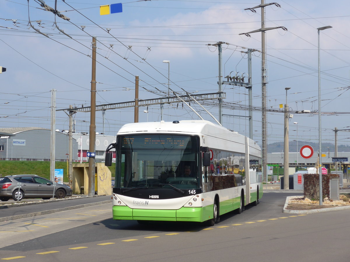 (203'631) - transN, La Chaux-de-Fonds - Nr. 145 - Hess/Hess Gelenktrolleybus (ex TN Neuch�tel Nr. 145) am 13. April 2019 beim Bahnhof Marin-�pagnier