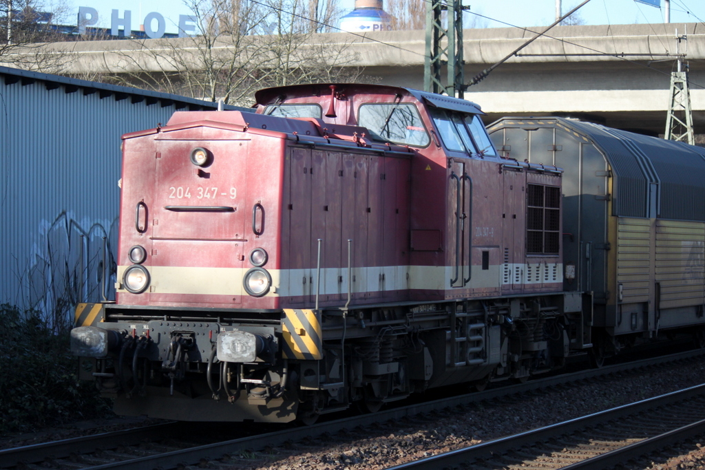 204 347-9 mit PCT-Autozug von Cuxhaven nach Leipzig bei der Einfahrt in Hamburg-Harburg.17.01.2015