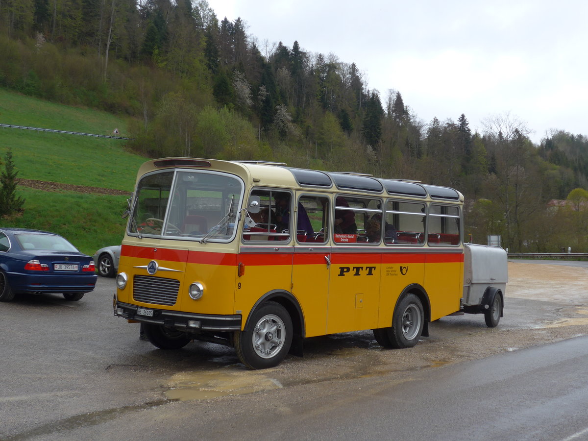 (204'547) - Schmid, Th�rishaus - Nr. 9/BE 26'105 - Saurer/R&J (ex Geiger, Adelboden Nr. 9) am 28. April 2019 in Lucelle, Motel Noirval