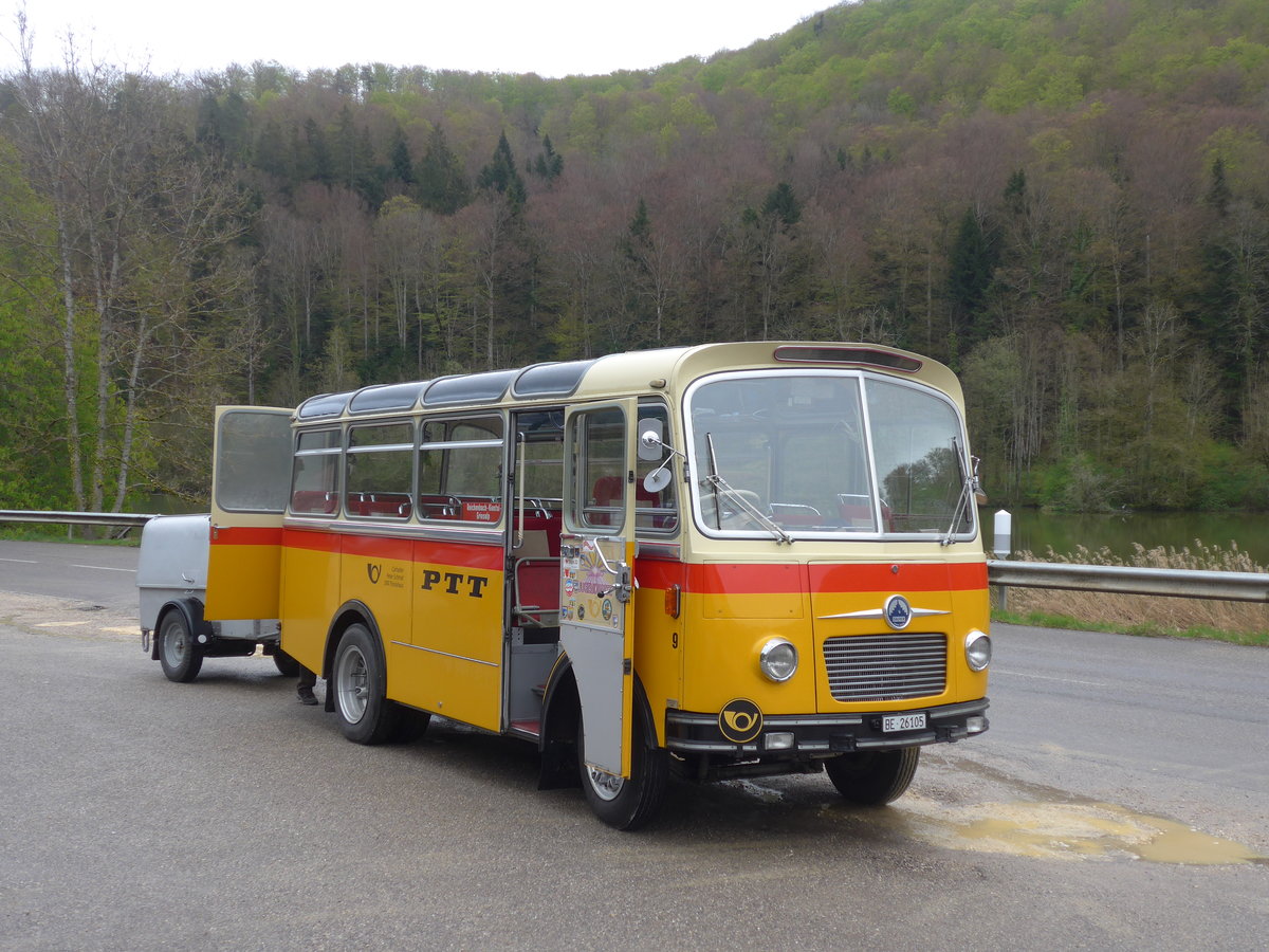 (204'549) - Schmid, Thrishaus - Nr. 9/BE 26'105 - Saurer/R&J (ex Geiger, Adelboden Nr. 9) am 28. April 2019 in Lucelle, Motel Noirval