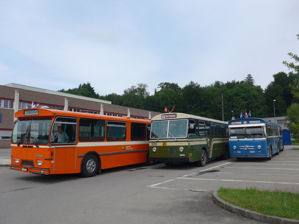 (206'606) - ZVB Zug (RWB) - Nr. 35/ZH 797'215 - FBW/Hess + SVB Bern (Bernmobil historique) - Nr. 270/BE 113'270 - FBW/SWS-Gangloff + VBZ Z�rich (TMZ) - Nr. 540/ZH 315'491 - Saurer/Saurer (ex Nr. 7540; ex Nr. 540) am 22. Juni 2019 in Emmenbr�cke, Debrunner Acifer 
