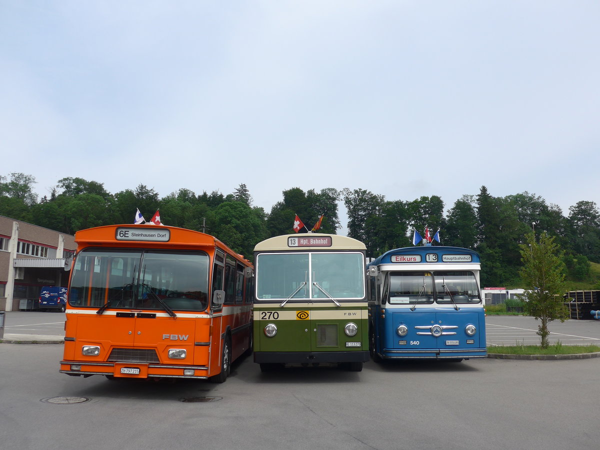 (206'611) - ZVB Zug (RWB) - Nr. 35/ZH 797'215 - FBW/Hess + SVB Bern (Bernmobil historique) - Nr. 270/BE 113'270 - FBW/SWS-Gangloff + VBZ Z�rich (TMZ) - Nr. 540/ZH 315'491 - Saurer/Saurer (ex Nr. 7540; ex Nr. 540) am 22. Juni 2019 in Emmenbr�cke, Debrunner Acifer