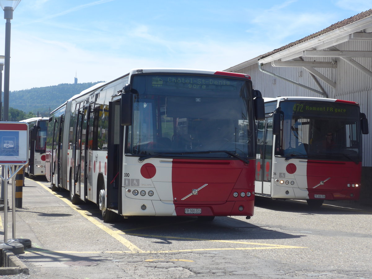 (206'789) - TPF Fribourg - Nr. 100/FR 300'223 - Volvo am 24. Juni 2019 beim Bahnhof Pal�zieux