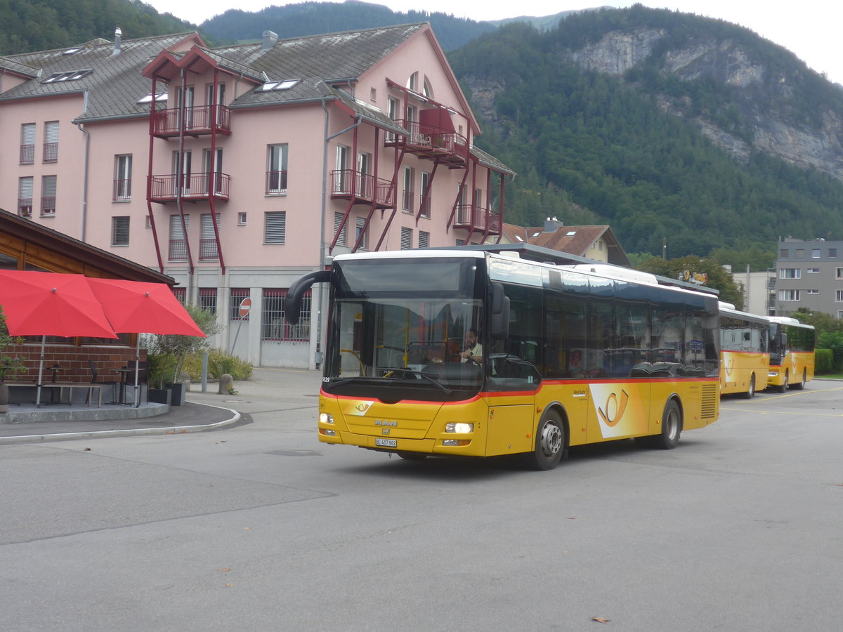 (209'193) - PostAuto Bern - BE 407'862 - MAN/G�ppel (ex AVG Meiringen Nr. 62) am 1. September 2019 in Meiringen, Postautostation