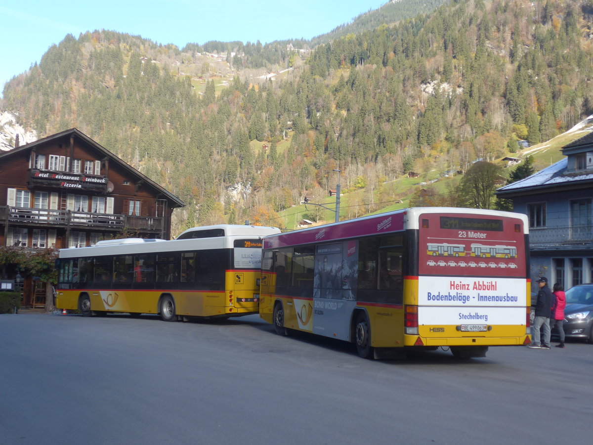 (211'008) - PostAuto Bern - Nr. 10/BE 673'731 - Hess (ex Klopfstein, Laupen Nr. 10) + BE 499'063 - Lanz+Marti/Hess Personenanh�nger (ex VBL Luzern Nr. 310) am 11. November 2019 am 11. November 2019 beim Bahnhof Lauterbrunnen
