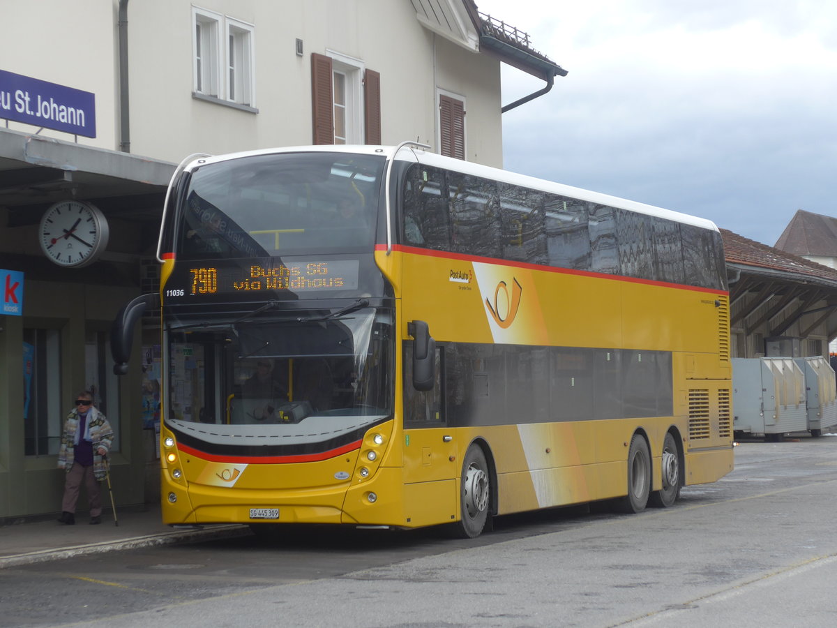 (214'048) - PostAuto Ostschweiz - SG 445'309 - Alexander Dennis am 1. Februar 2020 beim Bahnhof Nesslau-Neu St. Johann