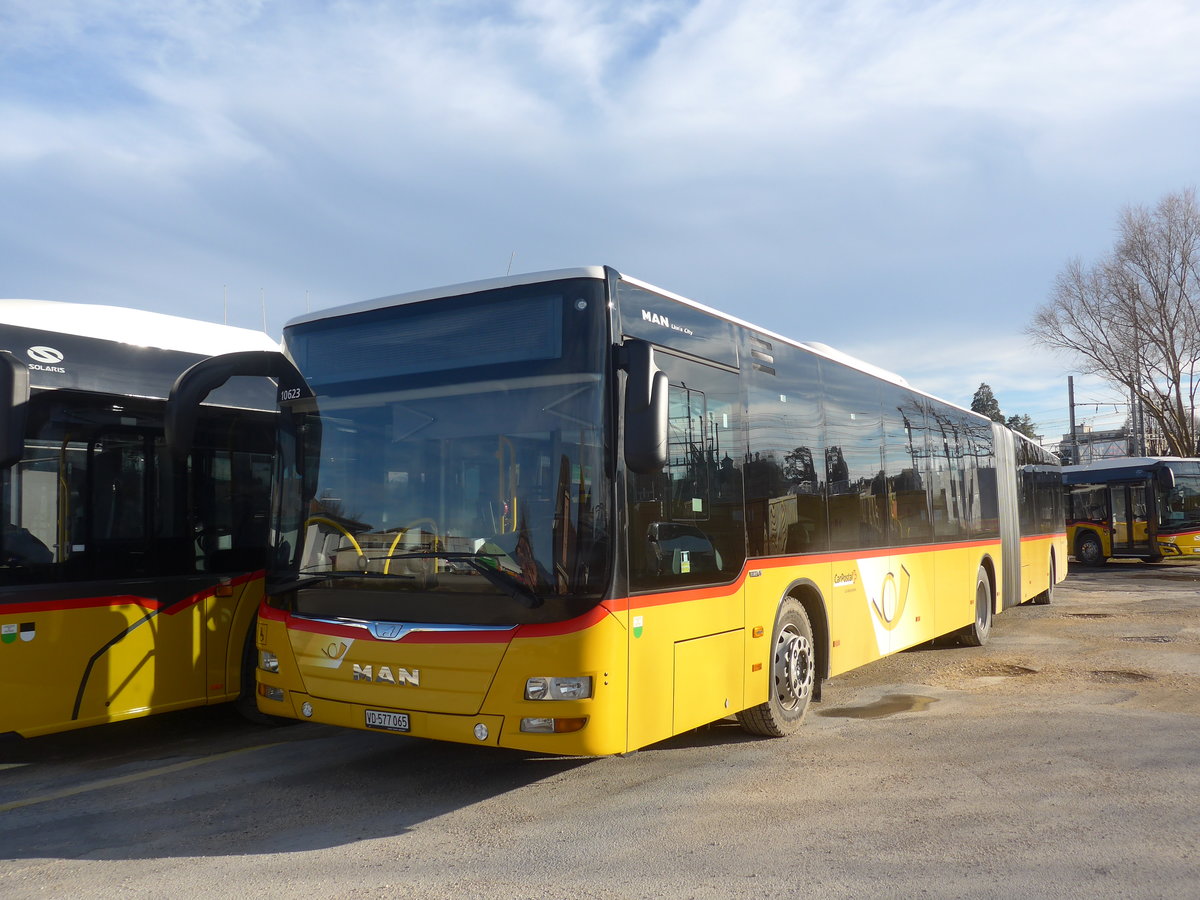 (214'350) - CarPostal Ouest - VD 577'065 - MAN am 16. Februar 2020 in Yverdon, Garage