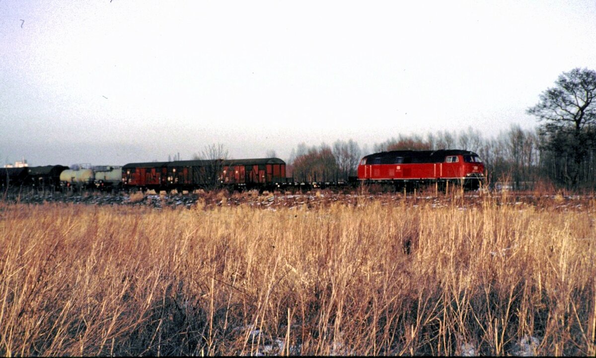 216 mit G�terzug in Braunschweig Richtung Wolfenb�ttel bzw. Harz am 24.02.1983.