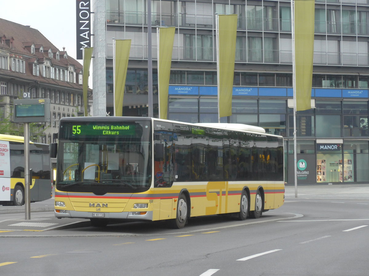 (216'295) - STI Thun - Nr. 138/BE 801'138 - MAN am 21. April 2020 beim Bahnhof Thun