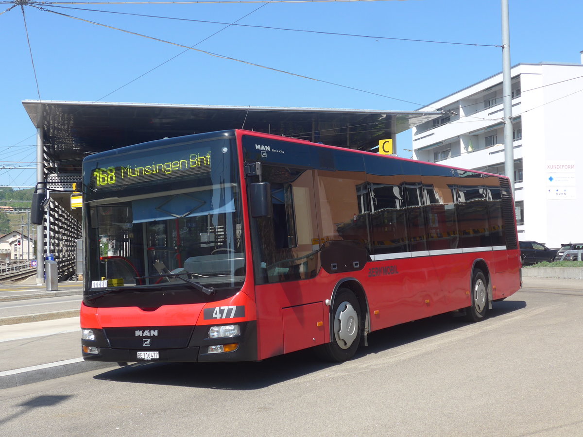 (216'356) - Bernmobil, Bern - Nr. 477/BE 716'477 - MAN/Gppel (ex Peyer, Niederwangen Nr. 377) am 22. April 2020 beim Bahnhof Worb Dorf