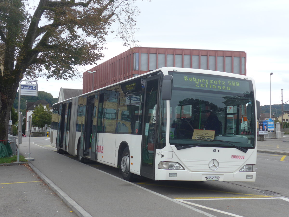 (221'547) - Interbus, Yverdon - Nr. 213/AG 546'704 - Mercedes (ex BVB Basel Nr. 791; ex Knecht, Windisch; ex AAGS Schwyz Nr. 84; ex VR La Chaux-de-Fonds Nr. 228) am 27. September 2020 beim Bahnhof Lenzburg (Einsatz Eurobus)