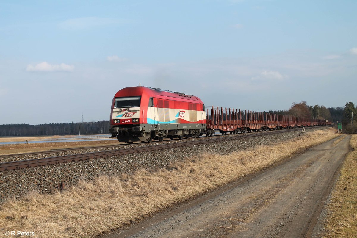 223 031 zieht ein leeren Holztransportzug bei Oberteich in Richtung Marktredwitz. 27.03.18