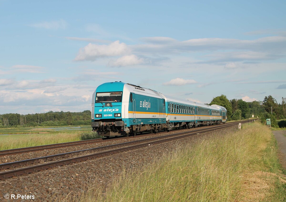 223 065 mit einem 4 Wagen RE2 ALX79861 München - Hof bei Oberteich. 16.06.23