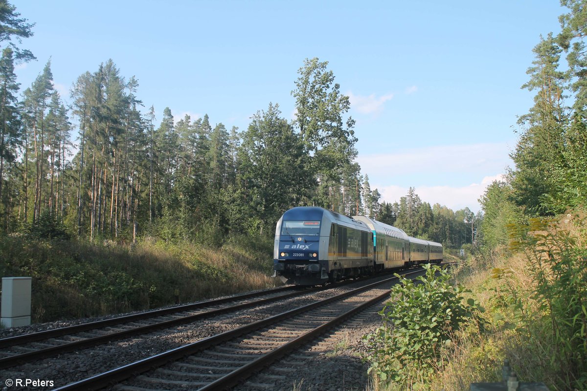 223 081 mit dem ALX79854 Hof - München südlich von Wieau am Posten 51 vorbei. 05.09.20