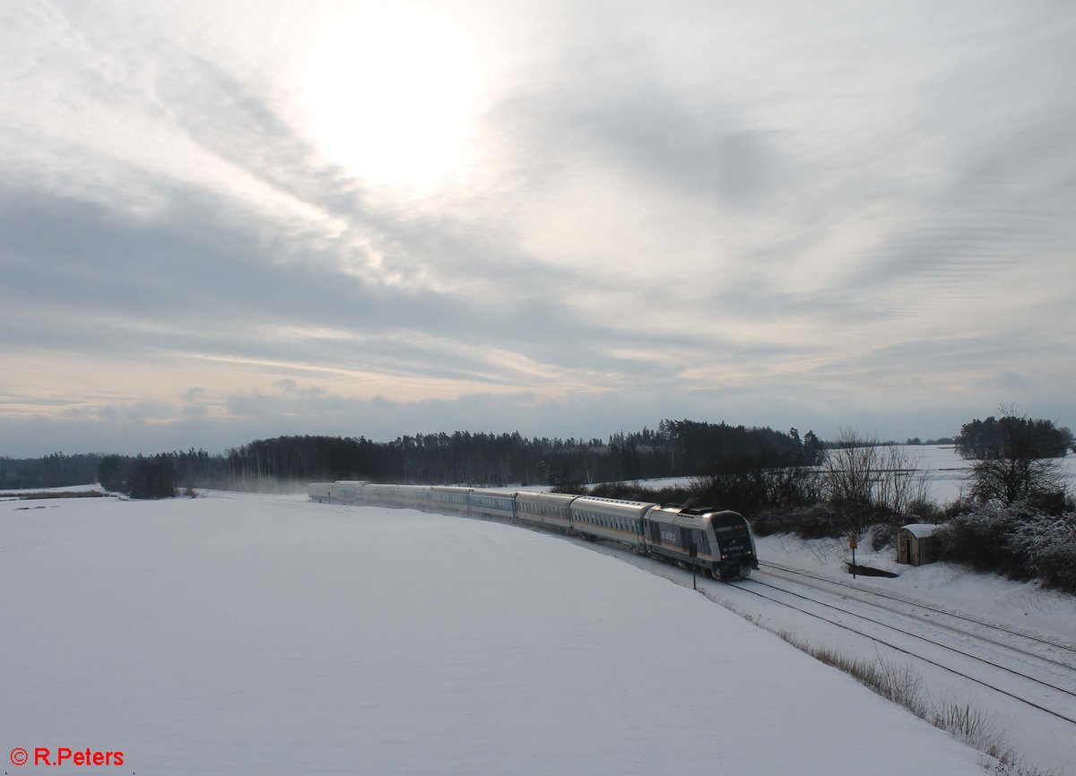 223 081 zieht ein bunt gemischten Alex bei Oberteich in Richtung Hof. 27.01.21