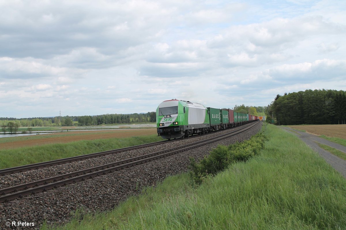 223 102 mit dem Wiesau Containerzug nach Hamburg bei Oberteich. 20.05.17