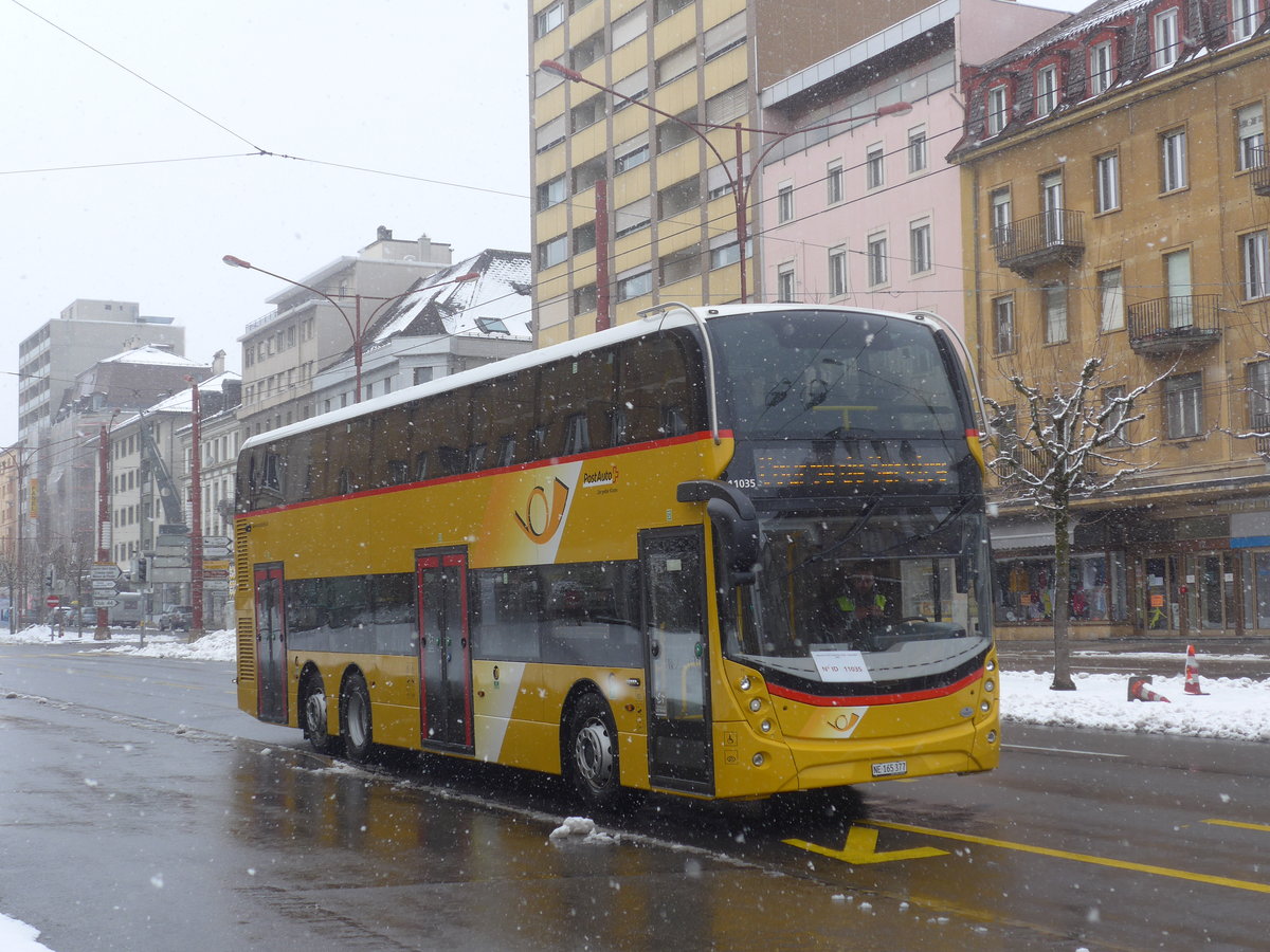 (224'173) - PostAuto Ostschweiz - NE 165'377 - Alexander Dennis (ex SG 445'308) am 14. M�rz 2021 beim Bahnhof La Chaux-de-Fonds (Einsatz CarPostal)