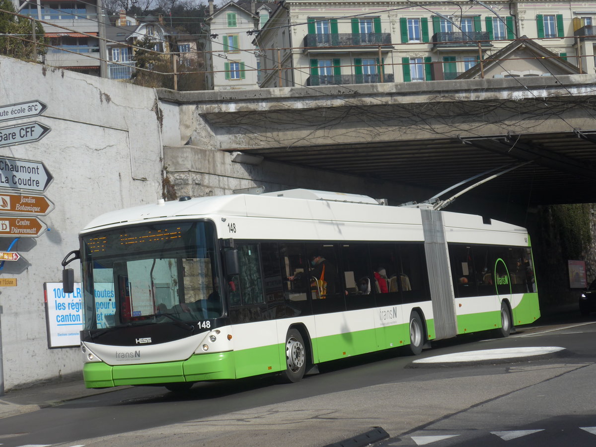 (224'247) - transN, La Chaux-de-Fonds - Nr. 148 - Hess/Hess Gelenktrolleybus (ex TN Neuch�tel Nr. 148) am 20. M�rz 2021 beim Bahnhof Neuch�tel