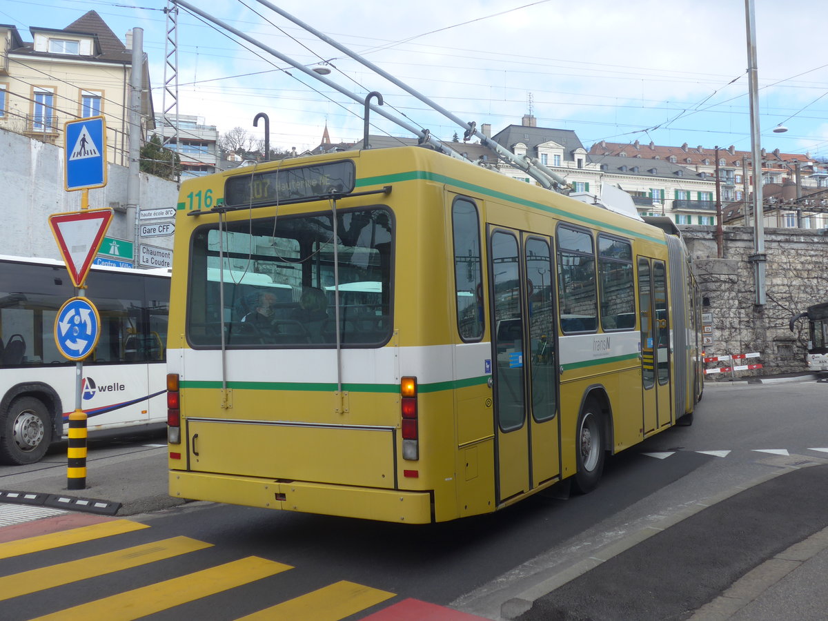 (224'248) - transN, La Chaux-de-Fonds - Nr. 116 - NAW/Hess Gelenktrolleybus (ex TN Neuch�tel Nr. 116) am 20. M�rz 2021 beim Bahnhof Neuch�tel