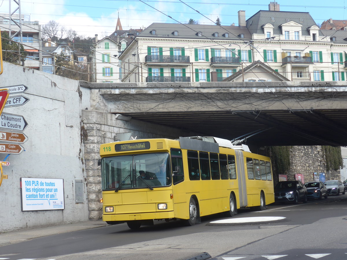 (224'251) - transN, La Chaux-de-Fonds - Nr. 118 - NAW/Hess (ex TN Neuch�tel Nr. 118) am 20. M�rz 2021 beim Bahnhof Neuch�tel