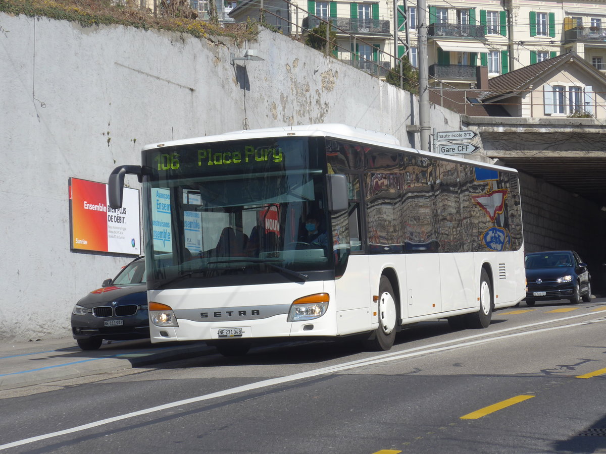 (224'559) - Interbus, Yverdon - Nr. 48/NE 231'048 - Setra (ex Nr. 3; ex SBC Chur Nr. 103; ex SBC Chur Nr. 13) am 29. M�rz 2021 in Neuch�tel, Avenue de la Gare (Einsatz CarPostal)