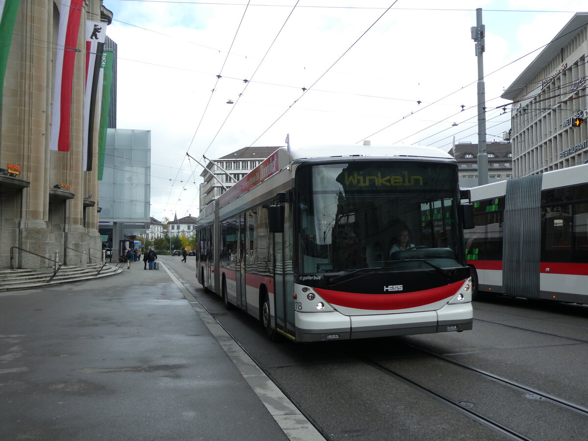 (229'018) - St. Gallerbus, St. Gallen - Nr. 178 - Hess/Hess Gelenktrolleybus am 13. Oktober 2021 beim Bahnhof St. Gallen