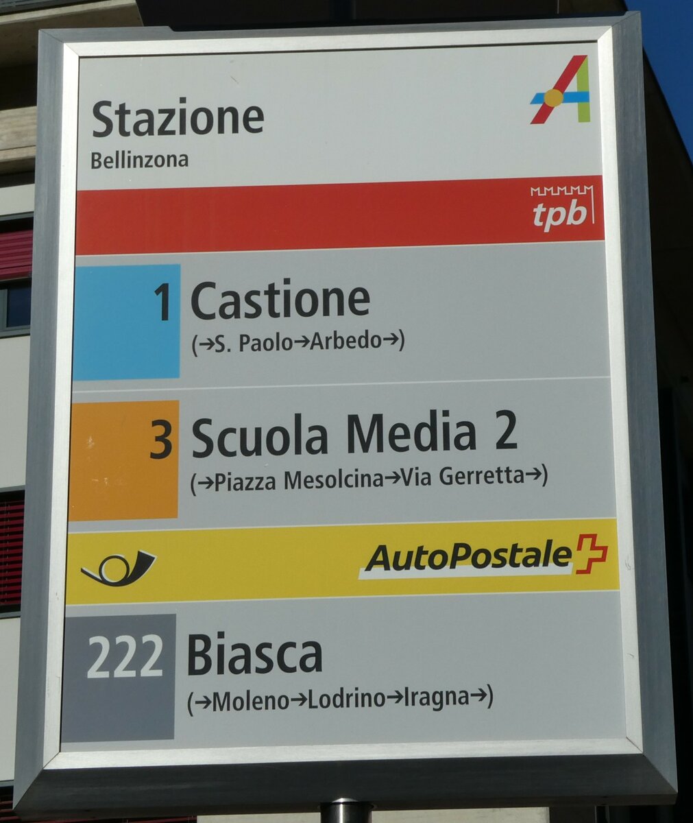 (229'128) - tpb/PostAuto-Haltestellenschild - Bellinzona, Stazione - am 14. Oktober 2021