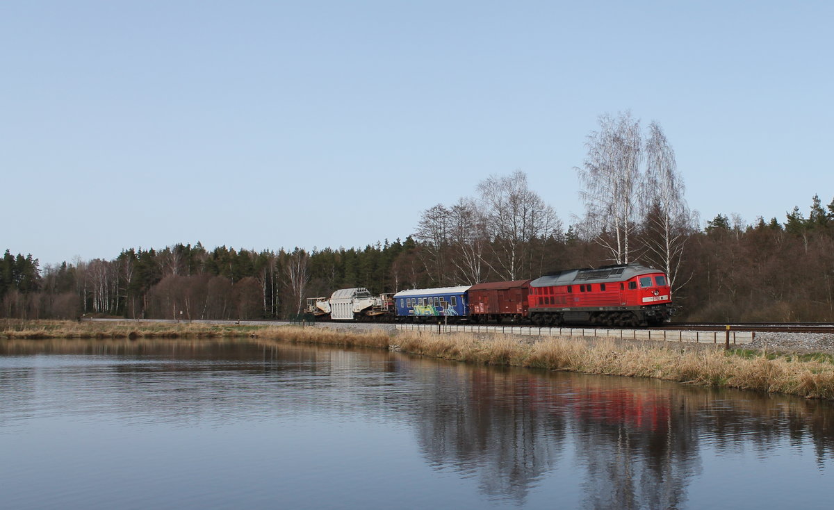 233 219 zieht südlich von Wiesau einen Trafo-Transport. 02.04.16