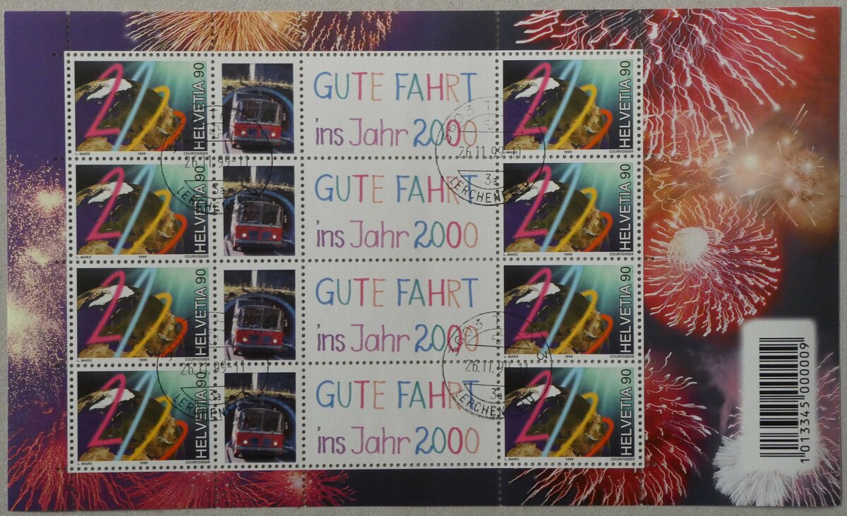 (233'400) - Milleniums-Briefmarkenbogen mit AFA Adelboden Nr. 4 am 6. M�rz 2022 in Thun (gestempelt am 26. November 1999)