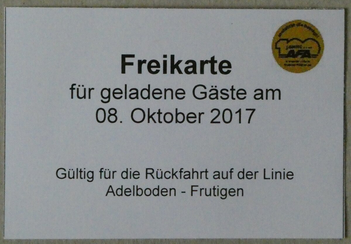 (235'728) - AFA-Freikarte f�r geladene G�ste am 8. Oktober 2017 am 16. Mai 2022 in Thun